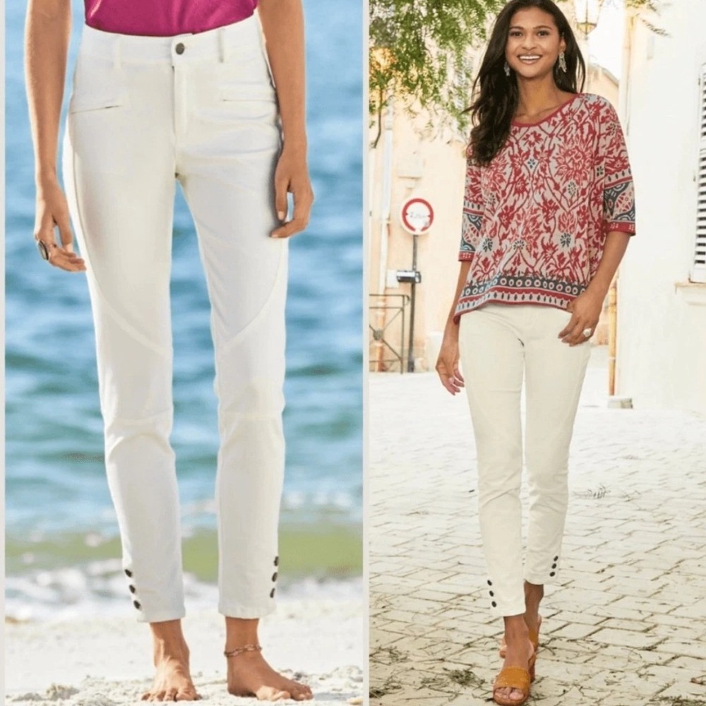 Peruvian Connection Ryder Moto Skinny Pants Womens 6 White Ankle Button Stretch‎